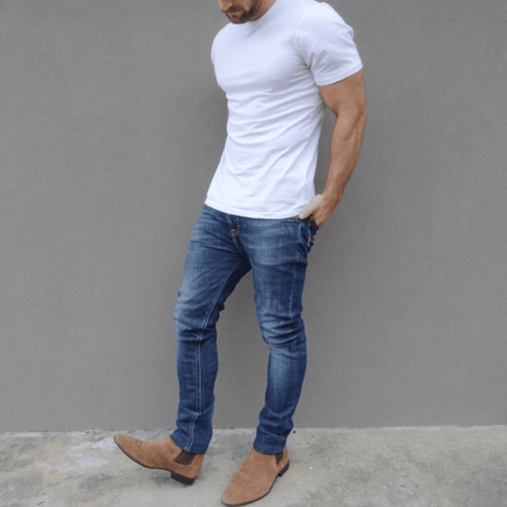7 Stylish Ways to Rock a Plain White TShirt for Men A man wearing Classic White T-shirt & Blue Jeans with brown shoes